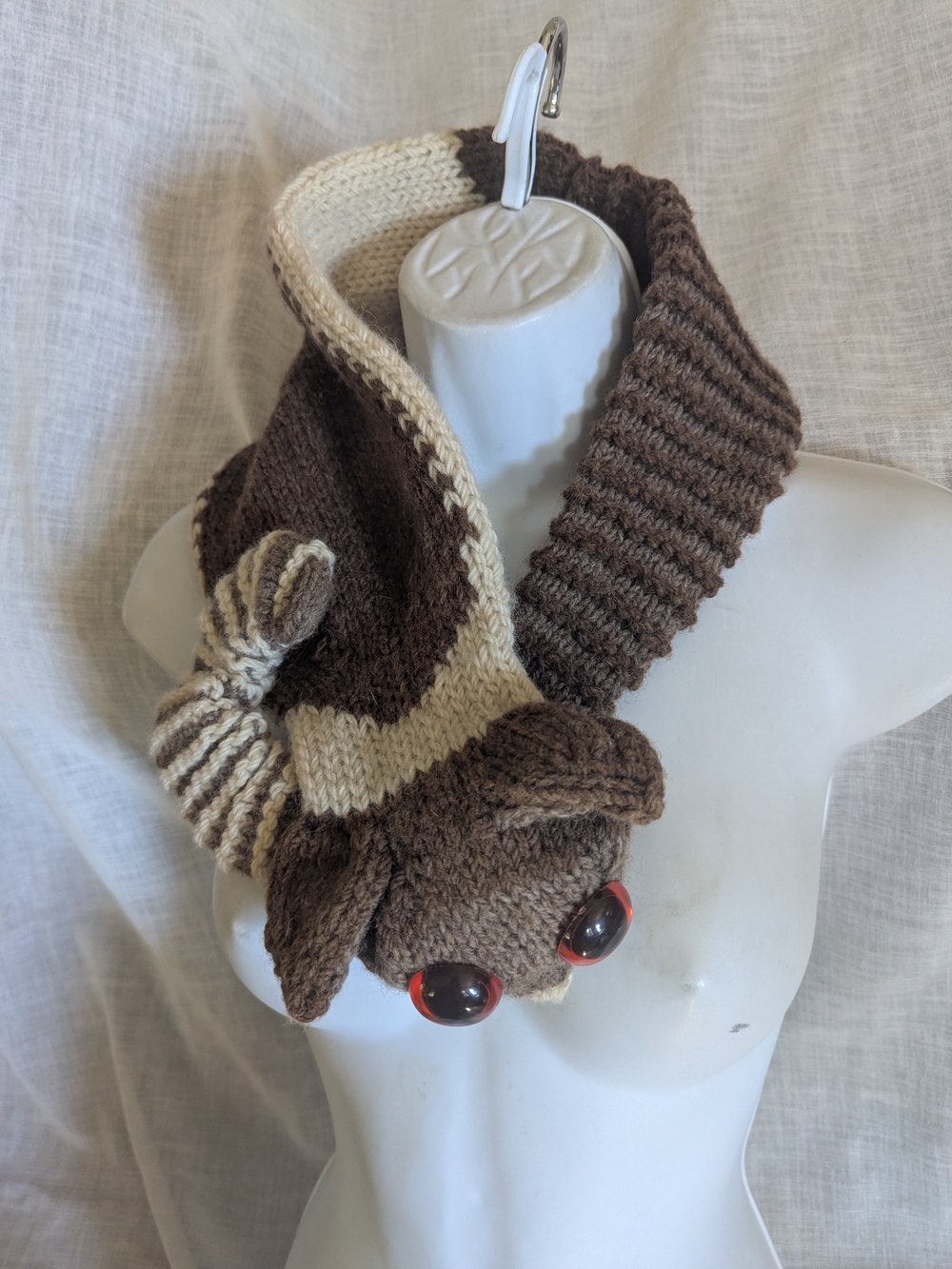 New Whimsical SLOTH Hand Knit Scarf in Brown and Cream - Picture 3 of 7